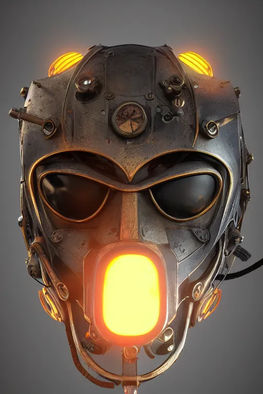 Image similar to steampunk mask minimalist fantasy art robot ninja helmet, global illumination ray tracing hdr fanart arstation by sung choi and eric pfeiffer and gabriel garza and casper konefal radiating a glowing aura