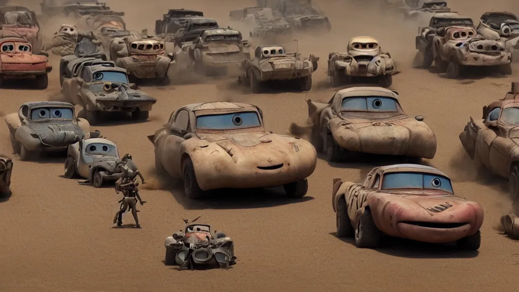 Image similar to pixar cars in mad max fury road, cartoon eyes, war boys, furiosa, explosions, imax