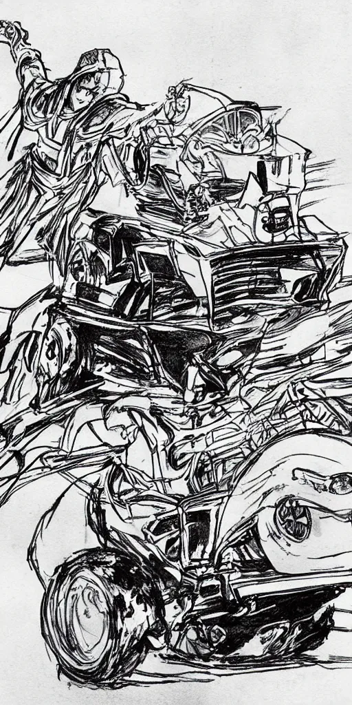 Image similar to a man in a chariot in tokyo, driving fast, drawn like the anime Initial D