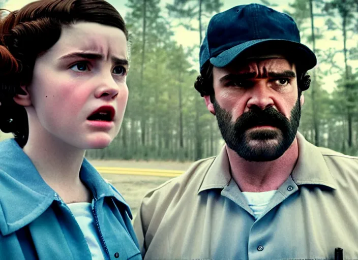 Image similar to film still of jim hopper as nancy wheeler in stranger things, 8 k