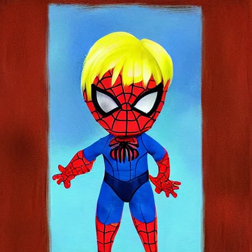 Prompt: a cute seven year old boy with tousled blonde hair and blue eyes dressed as spider - man without the mask, beautiful painting by magali villanueve and raymond swanland