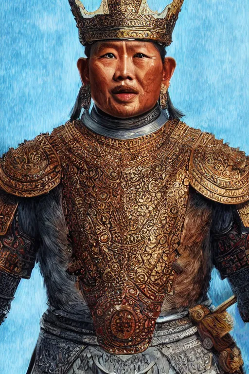 Image similar to full body portrait of king ramkamhaeng the great, leather armor, tai ethnic group, highly detailed, digital painting, watercolor, artstation, concept art, smooth, sharp focus, illustration, art by jakrapan posayakrit