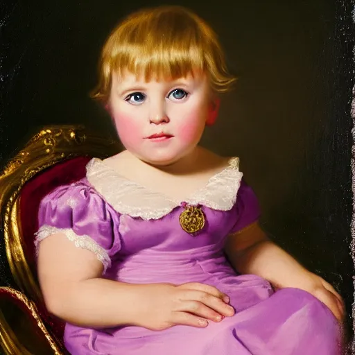 Prompt: portrait of a donald trump as a german toddler princess sitting down in a silk lavender gown, circa 1 8 3 7, by carl joseph begas, highly detailed, beautiful, oil on canvas, 1 8 3 0 s, romanticism