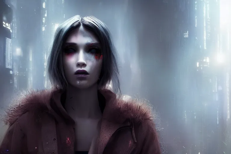 Prompt: Cyberpunk ​​girl transforming face, fangs, syringes, forest, fog, volumetric light, style Blade runner 2049