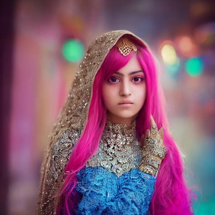 Prompt: portrait photograph of an extremely beautiful!!!! young pakistani female, Distant look on her face, natural light, wearing a diamond armor suir! Pink hair. Blue eyes. Standing on a Japanese neon lit street. looking at the camera!!. super resolution. Extremely detailed. Graflex camera!, bokeh!!!!! trending on artstation.
