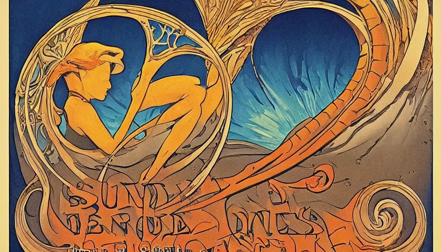 Image similar to art nouveau poster selling spice from the planet dune with sandworm arrakis fremen in corners