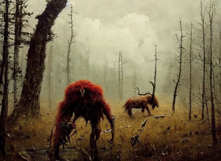 Prompt: annihilation art by jakub rozalski, surreal mythological painting by malczewski, legendary creature and animals heards,
