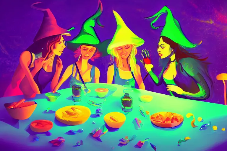 Prompt: digital painting of kitchen witches making cannabis candy high detail artstation cinematic lighting colorful psychedelic