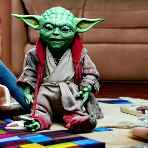 Image similar to Yoda sitting on the couch next to Chucky the killer doll playing video games in a messy room