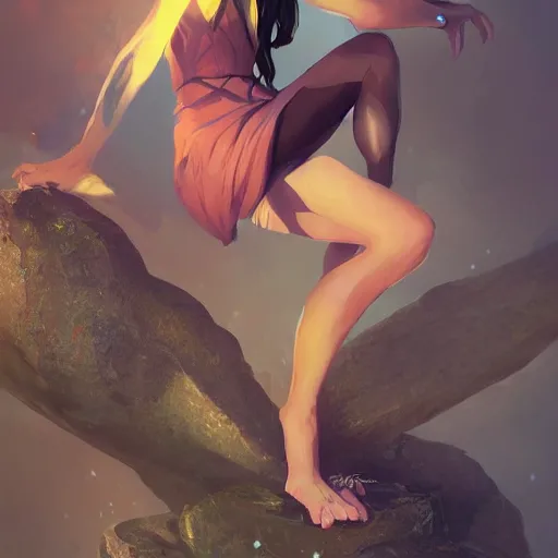 Prompt: woman perched on a rock fantasy digital art by guweiz trending on artstation