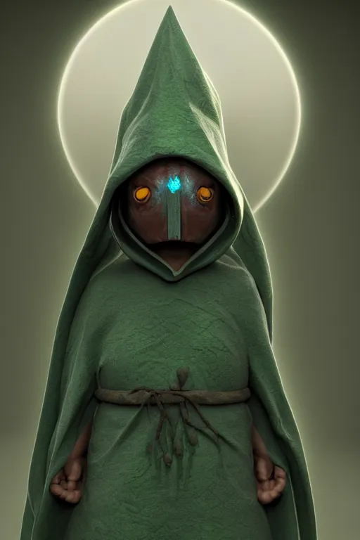 Image similar to A cute shaman with no nose, glowing eyes and a very long hooded dark green cloak of leaves by Julien Kaspar, 3D render, stylized, Cycles Render