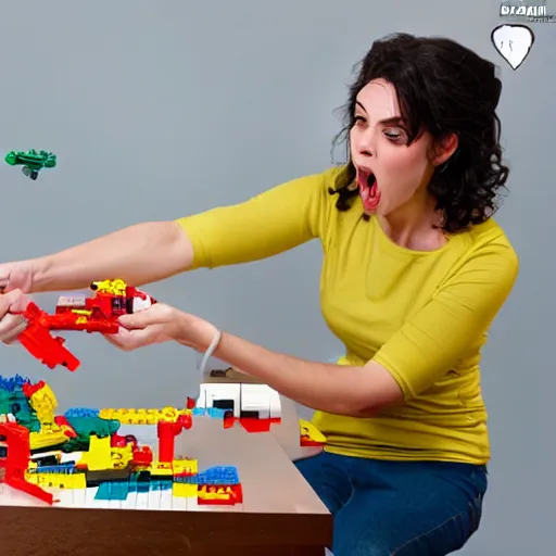 Prompt: Angry woman destroying a lego set