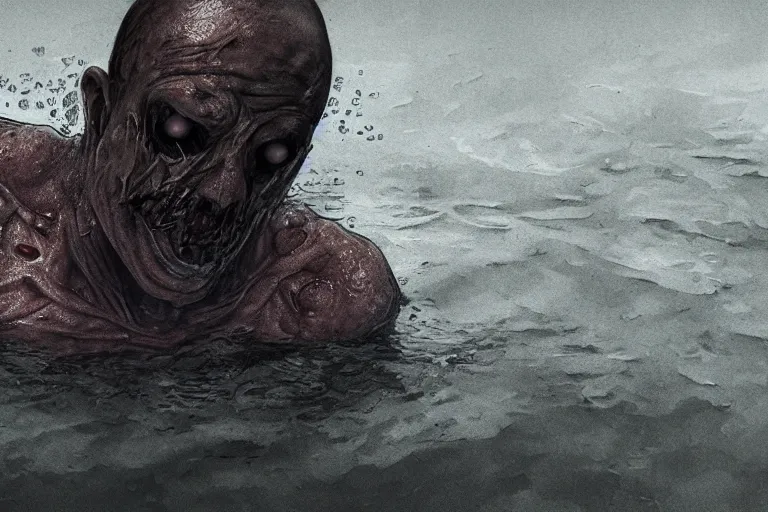 Image similar to a creepy drowned man crawling out of the water, white eyes, slimy, veiny skin, muscles, standing in shallow water, drowned, unsettling, creepy, artstation, cgsociety, illustration