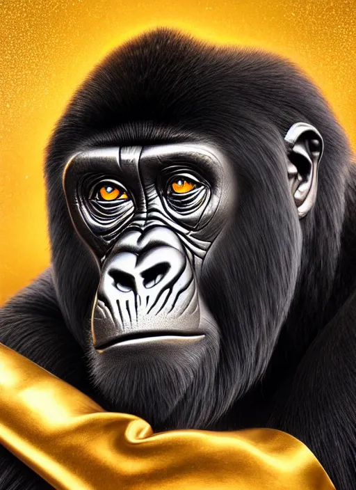 Image similar to dreamlike stunning gorillas god portrait, gold kimono, art by artgerm, wlop, loish, ilya kuvshinov, 8 k realistic, hyperdetailed, beautiful lighting, detailed background, depth of field, symmetrical face, frostbite 3 engine, cryengine,