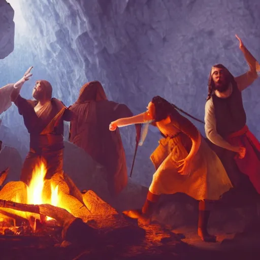 Prompt: medieval people dancing in a cave around a campfire, there are many minerals and crystals, matte painting, 4k, very detailed