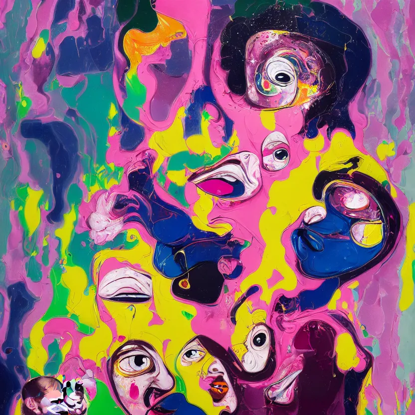 Image similar to woman holding a baby, an ultrafine detailed painting by peter max and francis bacon and fiona rae and maryam hashemi and hernan bas and anna mond, featured on deviantart, metaphysical painting, pop surrealism, melting paint, biomorphic, mixed media, photorealistic, dripping paint, palette knife texture, masterpiece