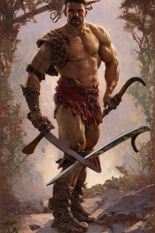 Prompt: full body image of muscular male barbarian holding sword in the air, intricate details, large sword, by Stanley Artgerm Lau, by greg rutkowski, by thomas kindkade, by alphonse mucha, loish, by norman rockwell J.