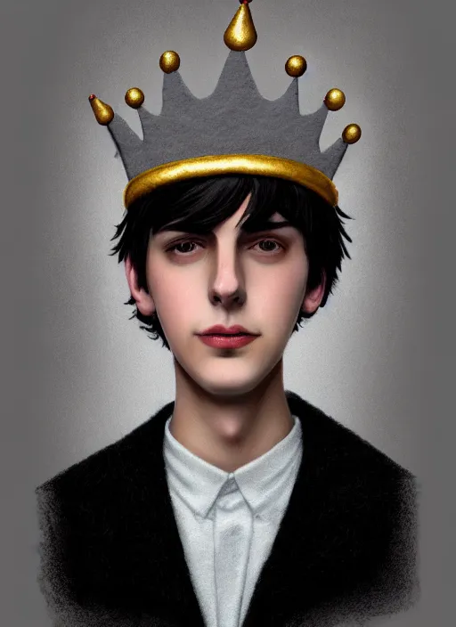 Image similar to portrait of teenage jughead jones wearing a light grey crown, photorealistic, crown made of felt fabric, crown, crown made of felt, black hair, intricate, elegant, highly detailed, digital painting, glowing lights, artstation, concept art, smooth, sharp focus, illustration, art by wlop, mars ravelo and greg rutkowski