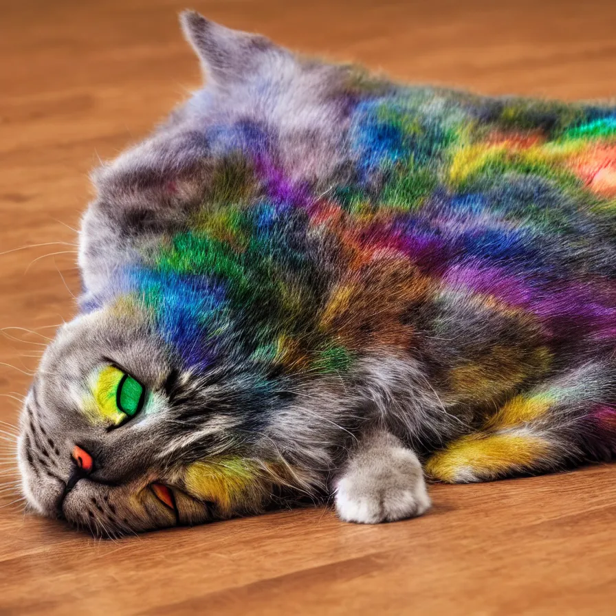 Prompt: a Rainbow cat lying on the floor, ultra realistic, 8K