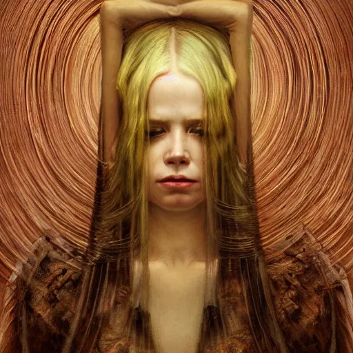 Image similar to Woman masterpiece, portrait, Avril Lavigne, pink, golden halo behind her head, wires, lines, by Edgar Maxence and Ross Tran, Zdzisław Beksiński, and Michael Whelan, distant, gustav dore, H.R. Giger, 8k, octane render