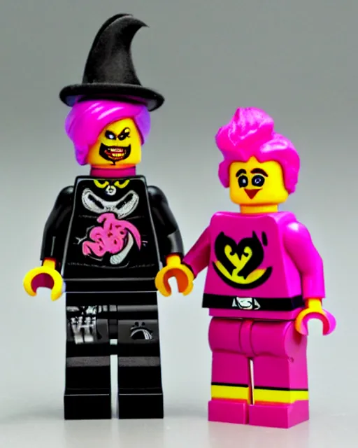 Prompt: a minifigure of a goth girl wearing pink, icp juggalo clown make up