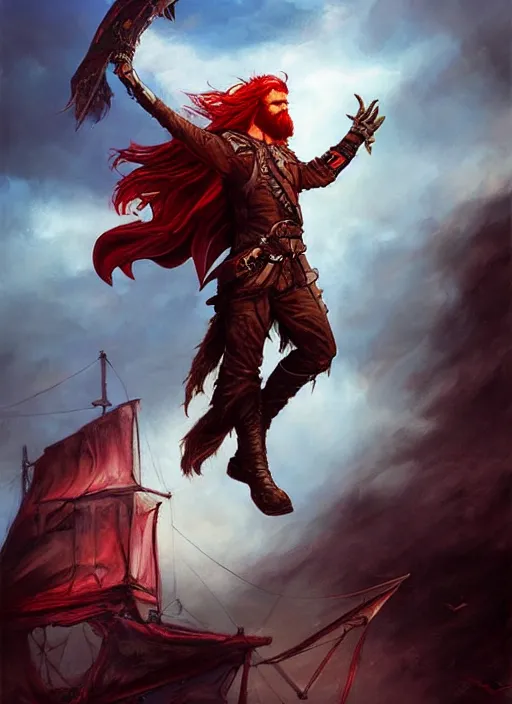 Image similar to an epic fantasy comic book style portrait painting of a long haired, red headed male sky - pirate in front of an airship in the style of eve ventrue