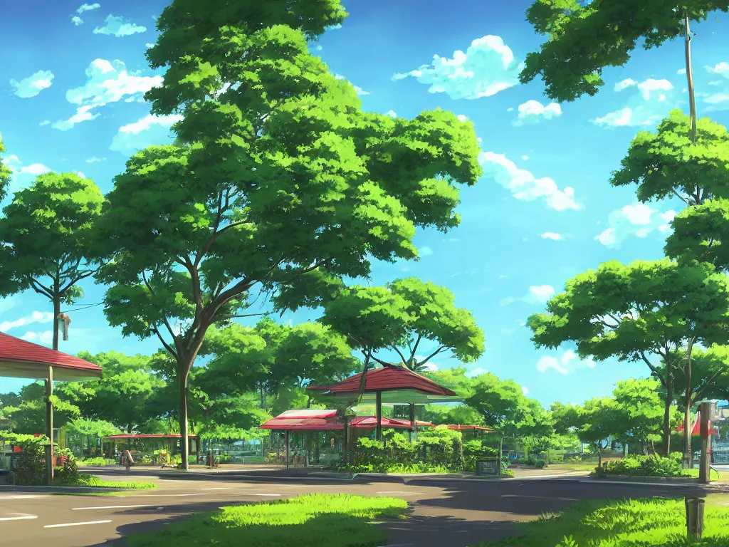 Prompt: 7 - eleven convenience store on a small island, lush greenery, surrounded by water, anime by makoto shinkai, 4 k