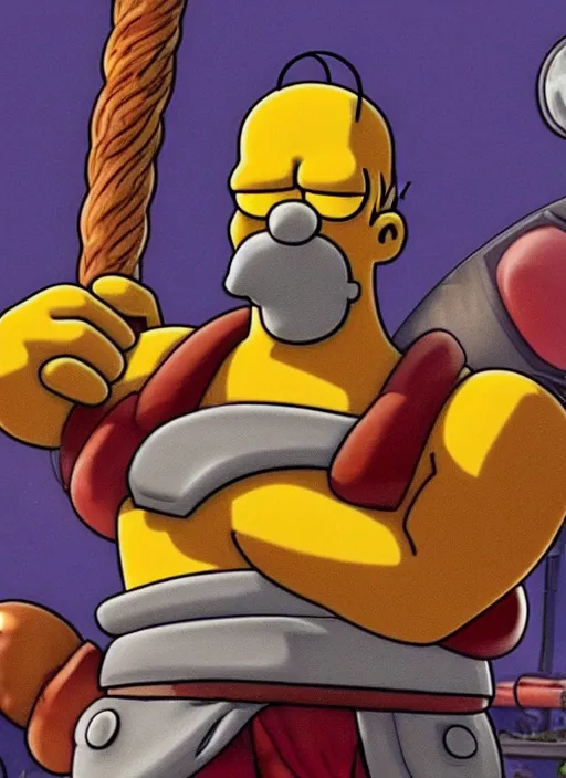 Image similar to Homer Simpson depicted as Kratos God of War, high detailed official artwork