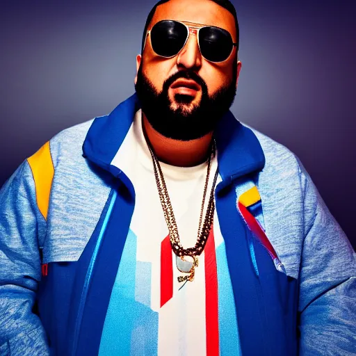 Image similar to ultra detailed portrait photo of dj khaled in a studio, blue, under red and yellow cinematic lighting