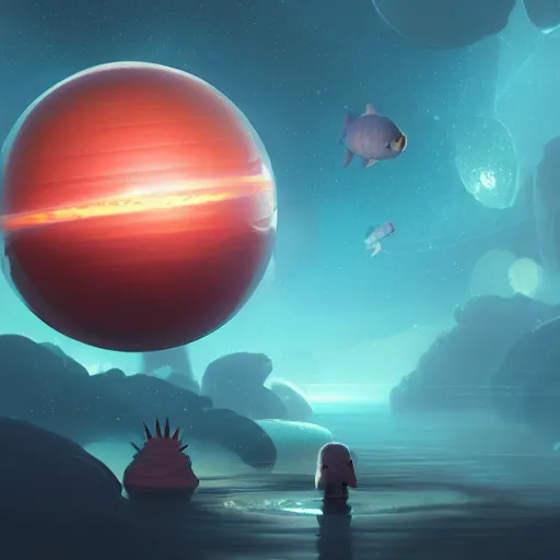 Image similar to a sphere fish aquarium in the size of a planet, floating in space. illustration, digital art, realistic, pixar style, by greg rutkowski and ash thorp, vivid colors, detailed, trending on artstation, high quality, cinematic