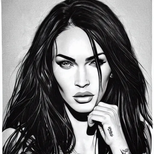 Image similar to megan fox portrait, hyper - realistic black and white drawing, hyper detailed, in the style of den yakovelv