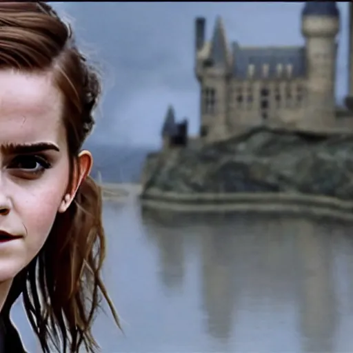 Prompt: Photo of Emma Watson on top of a tank in Hogwarts, establishing shot