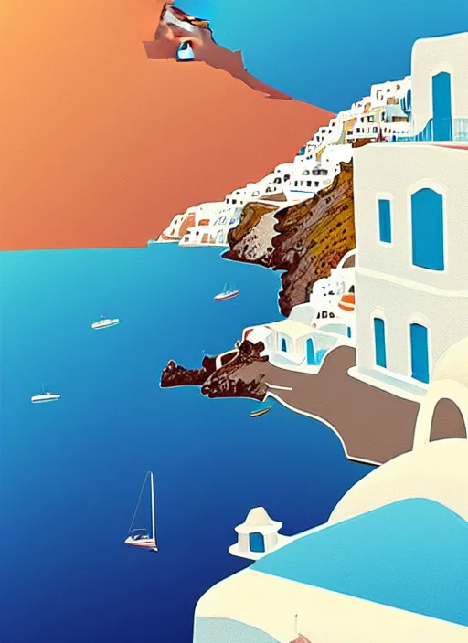 Prompt: a travel poster illustration depicting a house in santorini with an ocean view, vintage style, white architecture, digital painting, vector art, trending on artstration, by anton fadeev, by alena aenami