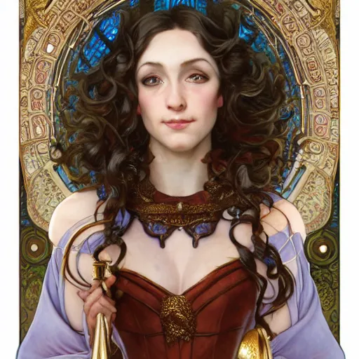 Prompt: Masterpiece head and shoulders portrait of Gwen from League of Legends of Arcane animated Series as with blue long and very curly pigteils and arcane maid outfit drawn by Donato Giancola and Tom Bagshaw, Edmund Leighton, Alphonse Mucha, background by James Jean and Gustav Klimt, 4k, porcelain skin, volumetric lighting, komorebi, french nouveau, trending on artstation, octane render, hyperrealistic