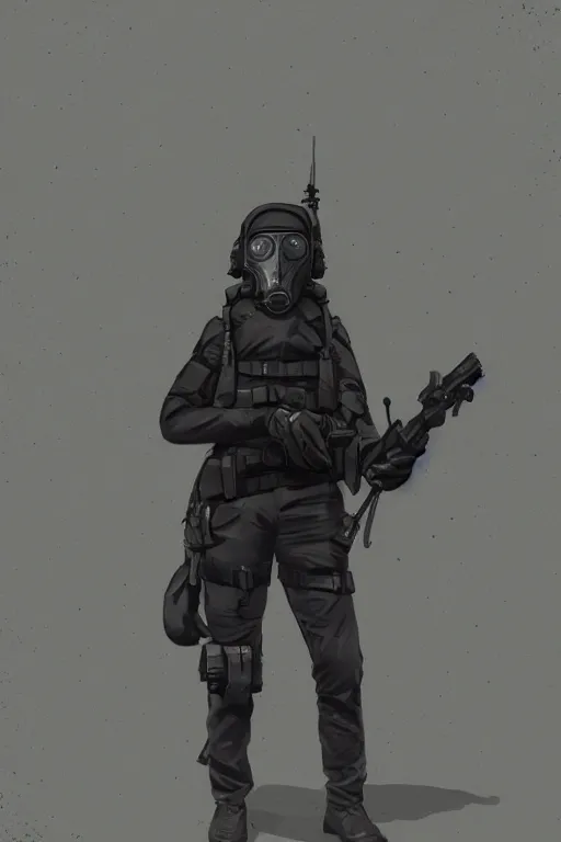 Image similar to british sas female operative with the standard s 1 0 gas mask and the black uniform, 8 0 s, artstation, trending on artstation, establishing shot, by simon stalenhag