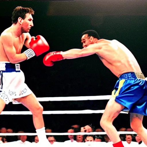 Prompt: photograph of Lionel Messi boxing with Muhammad Ali