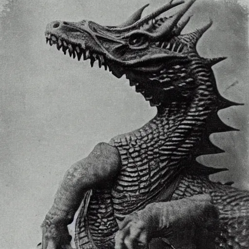 Image similar to victorian photograph of a real dragon, rutowski, highly realistic, scaly, grainy photo, very blurry, creature, faded, taken in the 1 8 8 0 s, 1 8 7 0 s, 1 8 9 0 s