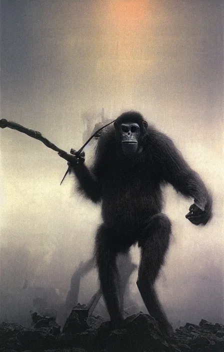 Image similar to tribal ape warrior in tribal armor, beksinski, ruan jia,