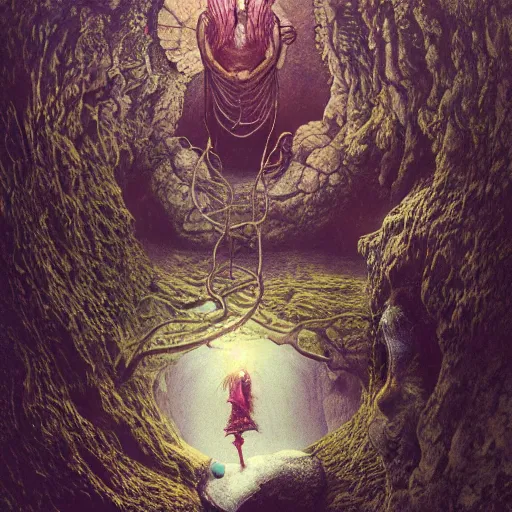 Image similar to girl falling down a rabbit hole into wonderland by by Alexander by Alexander Jansson, Dariusz Zawadzki, Zdzisław Beksiński, Gustave Doré and Greg Rutkowski, Dariusz Zawadzki, Zdzisław Beksiński, Gustave Doré and Greg Rutkowski