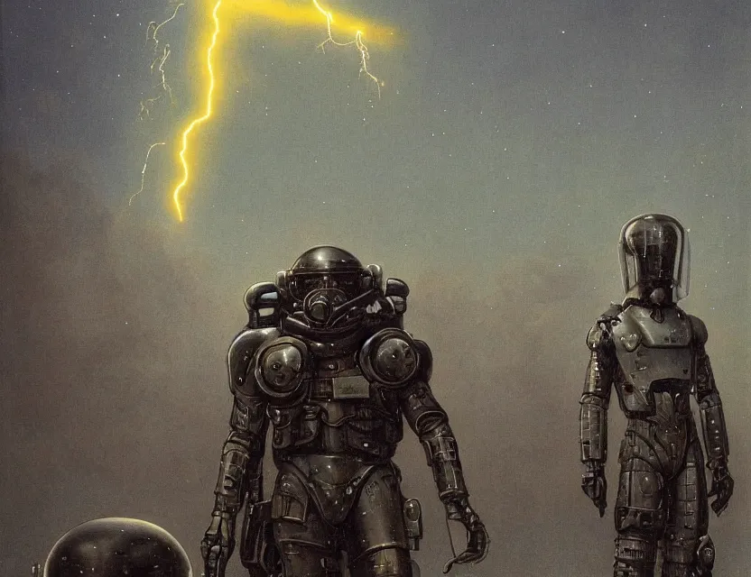 Image similar to a detailed portrait painting of a lone bounty hunter wearing combat armour and a reflective visor. Head and chest only. Movie scene, cinematic sci-fi scene. Flight suit, cloth and metal, accurate anatomy. portrait symmetrical and science fiction theme with lightning, aurora lighting. clouds and stars. Futurism by beksinski carl spitzweg moebius and tuomas korpi. baroque elements. baroque element. intricate artwork by caravaggio. Oil painting. Trending on artstation. 8k