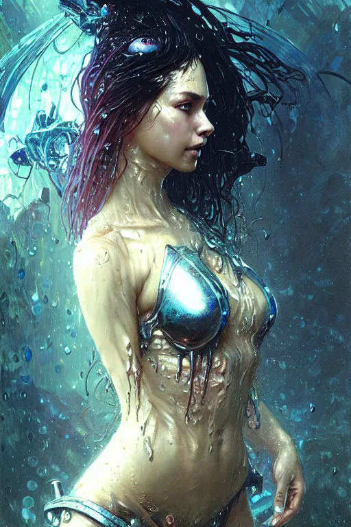 Image similar to portrait of a beautiful woman wearing a cyberpunk armor, drenched body, wet dripping hair, emerging from the water, fantasy, regal, fractal crystal, fractal gems, by stanley artgerm lau, greg rutkowski, thomas kindkade, alphonse mucha, loish, norman rockwell ross tran