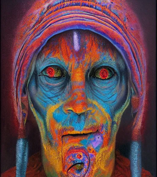 Image similar to Portrait painting in a style of Beksinski mixed with Alex Grey of an old shaman dressed in a colorful traditional clothes.