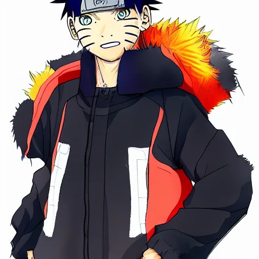 Image similar to a colored sketch of Naruto wearing casual clothes in the art style of Koyoharu Gotouge