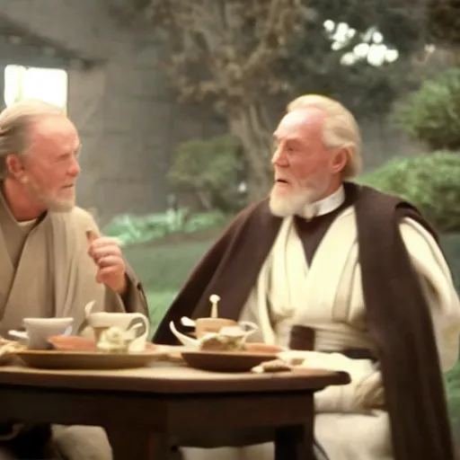 Image similar to Obi Wan Kenobi sits next to chancellor palpatine at a table and dreams tea. Movie Screenshot, Still from Movie, Highly Detailed, High Resolution