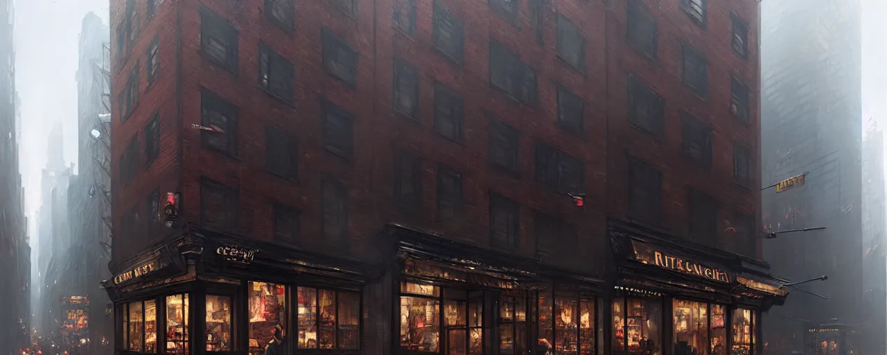 Image similar to building facade. storefronts. city block. new york. greg rutkowski