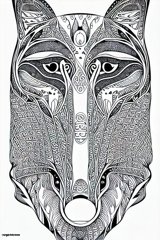 Image similar to fox ornaments fractal ink drawing line art colouring page, vector, margins, fine lines, centered