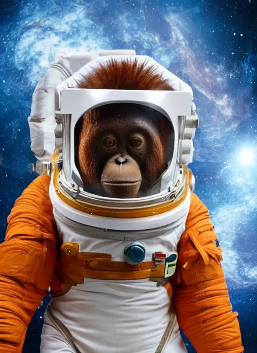 Prompt: studio photo still of a full body orangutan in a!!!! space suit wearing a space suit dressed as an astronaut!!!!, 8 k, studio lighting, key light from right side,