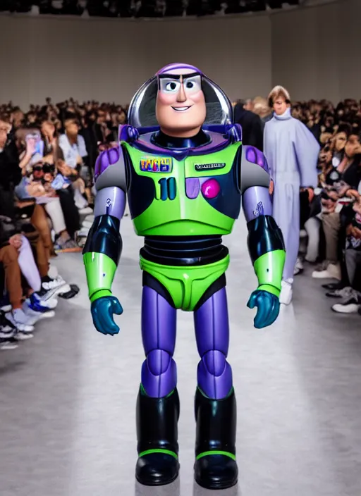 Image similar to hyperrealistic and heavy detailed balenciaga runway show of buzz lightyear, leica sl 2 5 0 mm, vivid color, high quality, high textured, real life