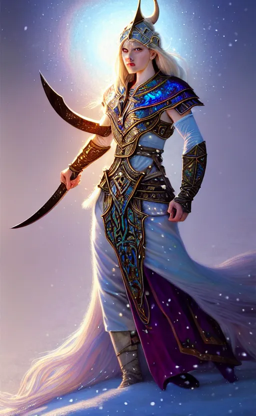 Prompt: iridescent opal viking warrior, regal, elegant, winter, snow, beautiful, stunning, hd, illustration, epic, d & d, fantasy, intricate, elegant, highly detailed, wide angle, digital painting, artstation, concept art, smooth, sharp focus, illustration, wallpaper, art by artgerm and greg rutkowski and alphonse mucha and jin xiaodi