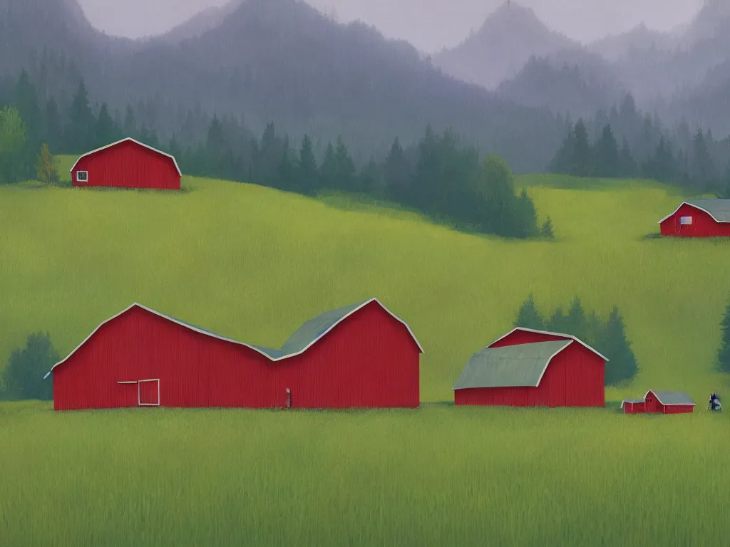 Prompt: An isolated red barn in a lush valley at noon. Simon Stalenhag, highly detailed.